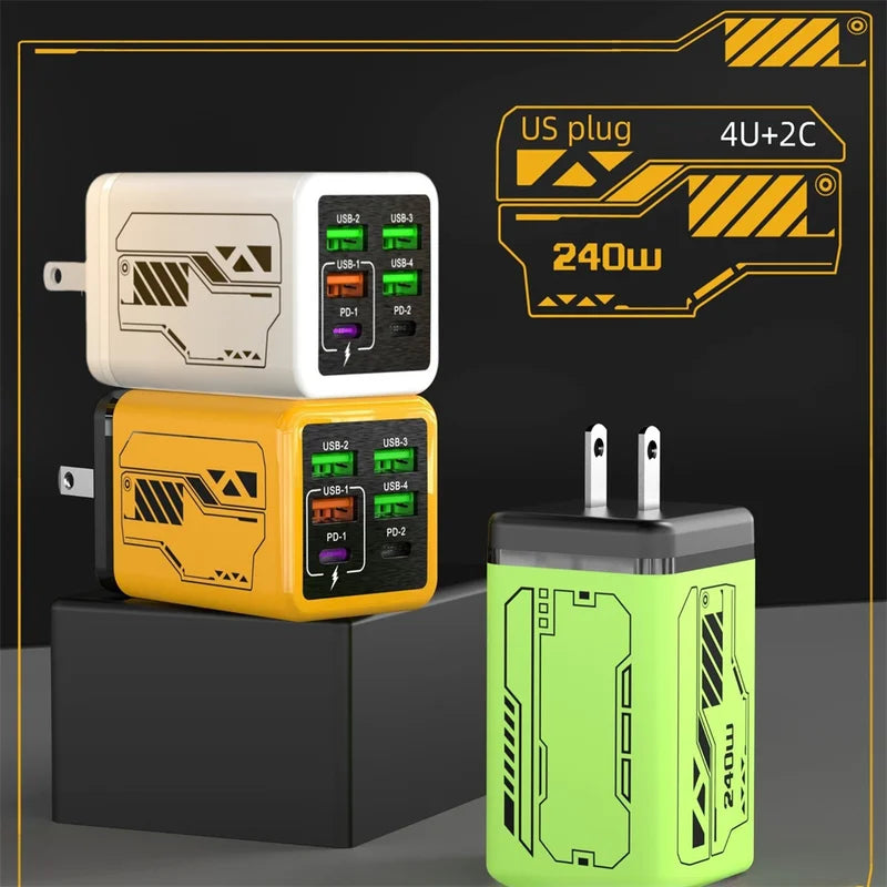 240W GaN Fast Charger with 6 USB-C Ports & Data Cable for Smartphones