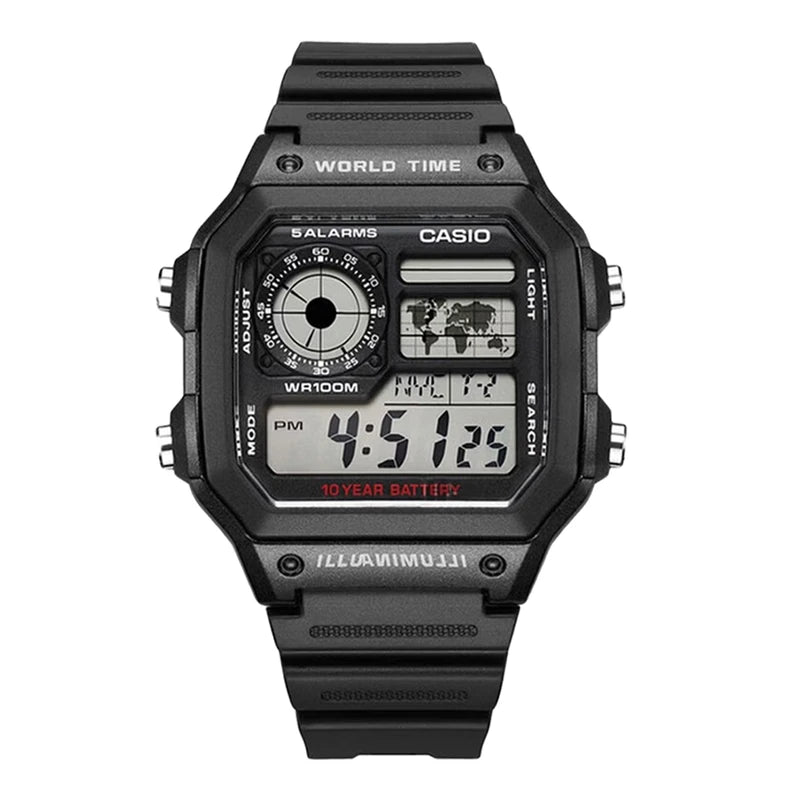 Men's Digital Watch with World Map, 100M Water Resistance, Multi Alarms