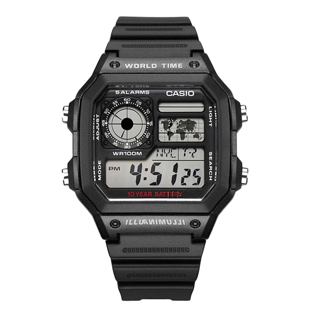 Men's Digital Watch with World Map, 100M Water Resistance, Multi Alarms