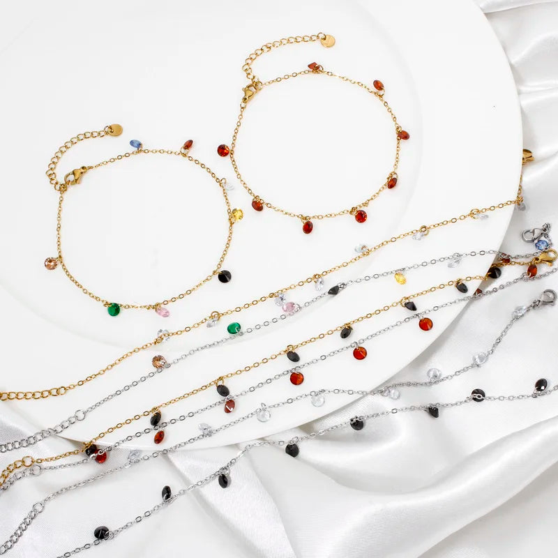 Multicolor Rhinestone Link Chain Anklet for Women - 22cm Fashion Jewelry Gift