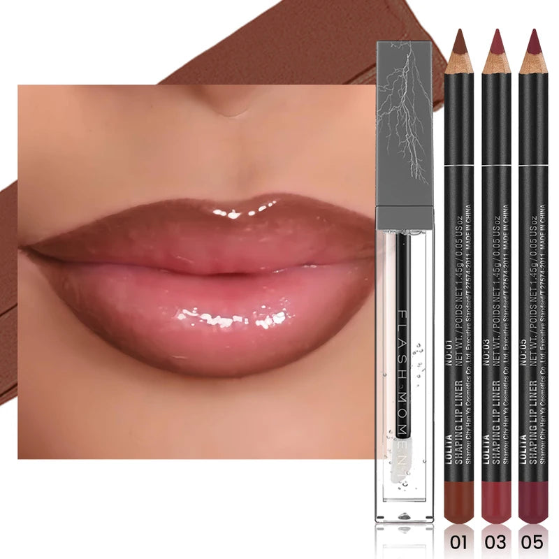 4-Pack Lip Liner and Lip Oil Set - Defined Contours & Moisturizing Shine