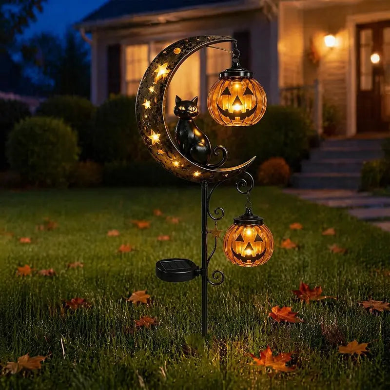 Solar Halloween Black Cat & Pumpkin Moon Garden Stake Light Waterproof Outdoor Decor