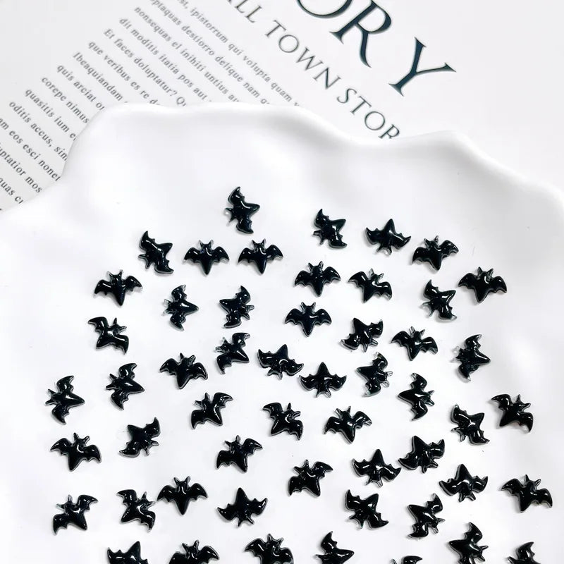 Halloween Nail Charms 50pcs Resin Nail Art Decorations Black Bat for Manicure DIY
