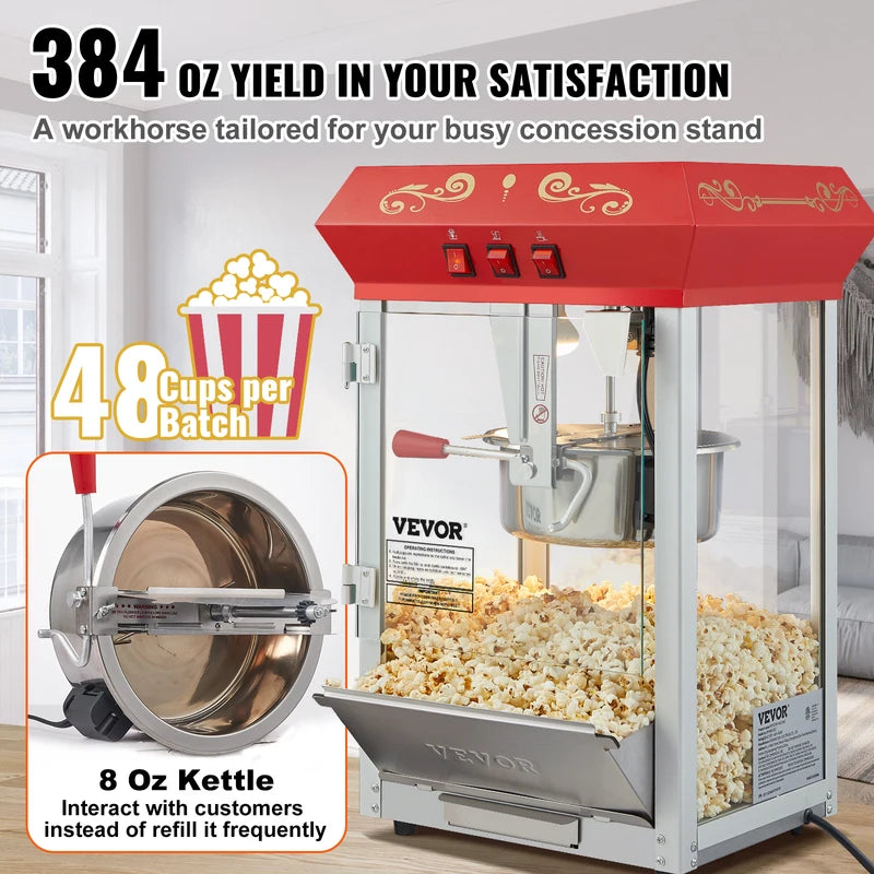Commercial Electric Popcorn Maker 8/12 Oz with Scoop & SUS304 Heating Tube
