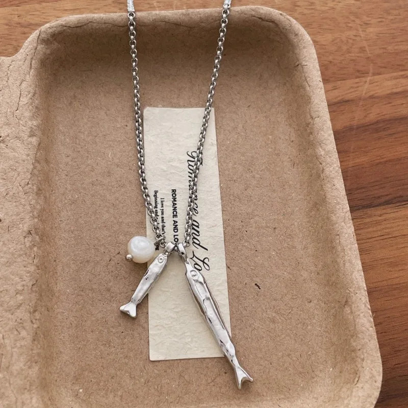 Charm Metallic Fish Pendant Necklace for Women with Pearl Accent, Gold & Silver Options