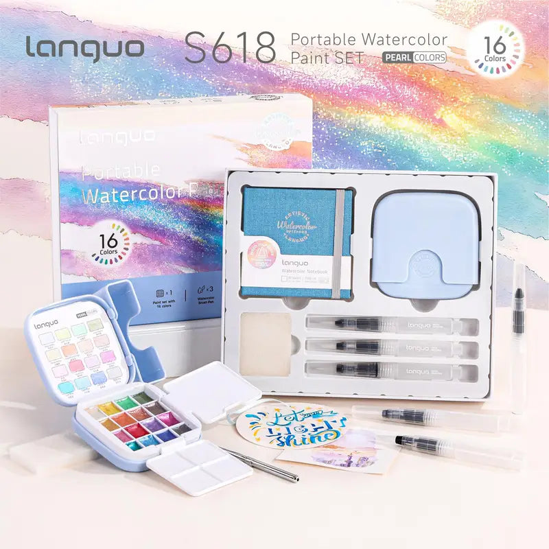 16-Color Portable Watercolor Paint Set with Travel Brush & Palette