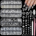 4 Box Nail Rhinestones Set with 3D Cross & Heart Charms for DIY Nail Art - Silver