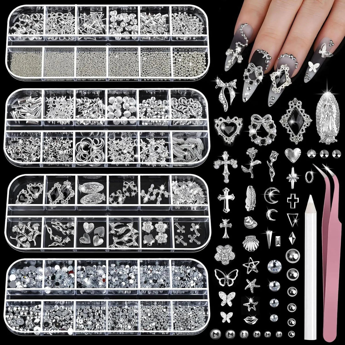 4 Box Nail Rhinestones Set with 3D Cross & Heart Charms for DIY Nail Art - Silver