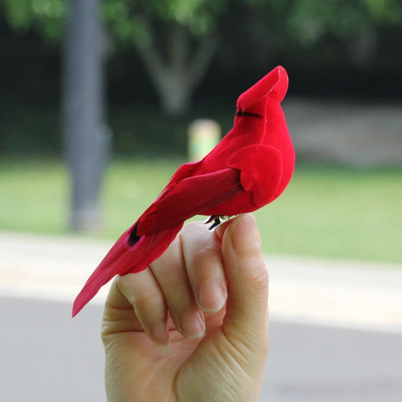 Red Feather Velvet Bird Decor - Artificial Ornamental Bird for DIY, Party & Home