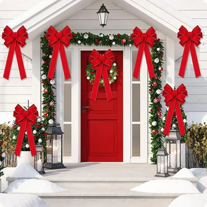 Large Velvet Christmas Bow for Outdoor Decorations - Red & Gold Edge
