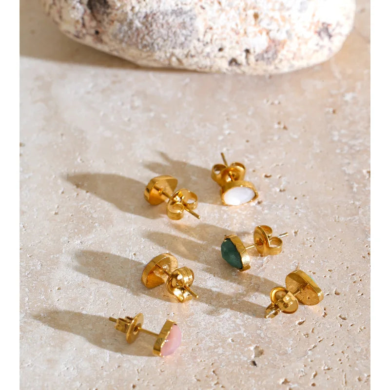 Stainless Steel Stud Earrings with Natural Shell and Stone Oval Small Jewelry