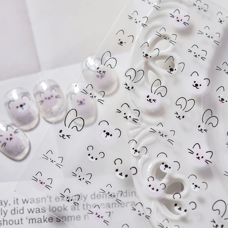 Cute Animal Face 5D Nail Art Stickers for DIY Manicure Decor - Kawaii Expressions