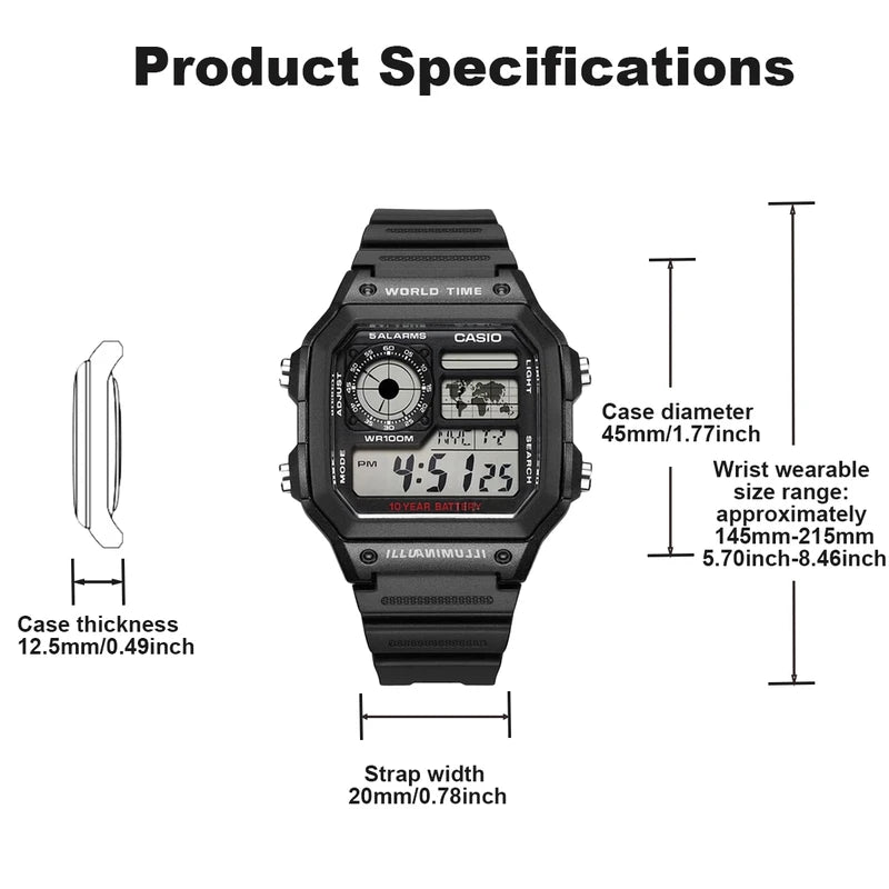 Men's Digital Watch with World Map, 100M Water Resistance, Multi Alarms