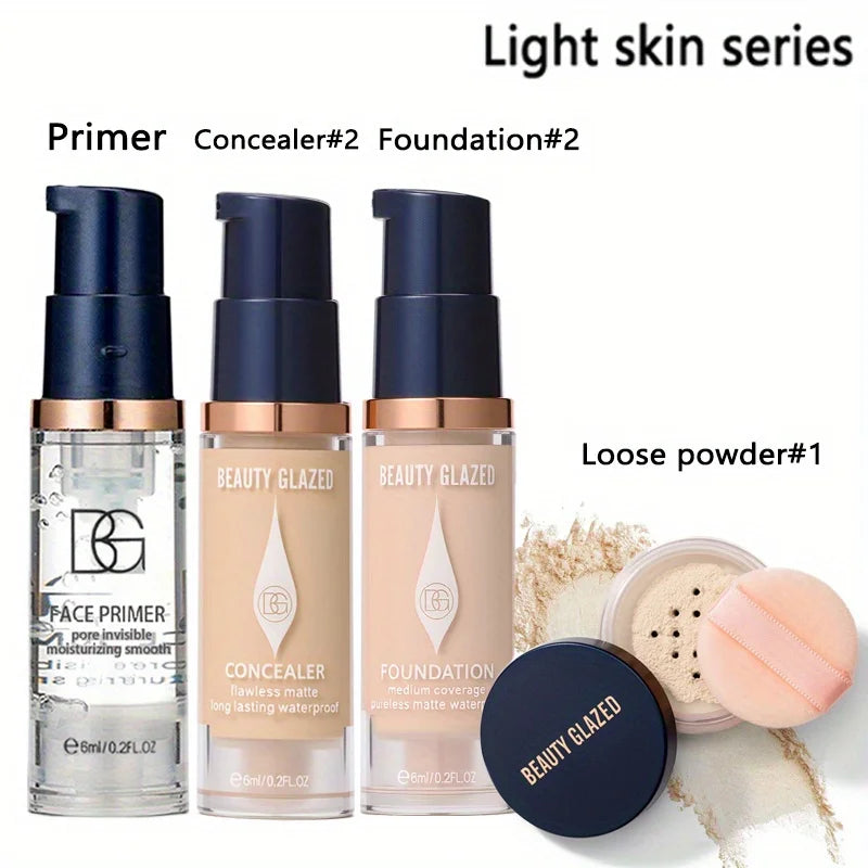 4-Piece Makeup Kit with Primer, Concealer & Foundation - Long-Lasting Waterproof Face Set