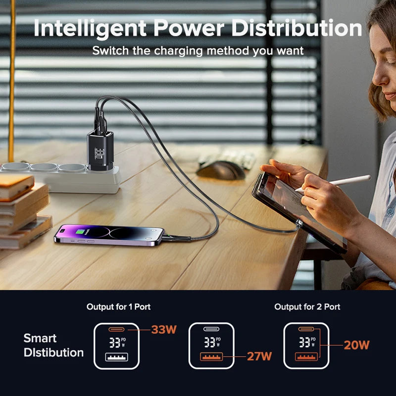 33W GaN Dual-Port Fast Charger Adapter USB C & USB A Compatible with Smartphone Tablet
