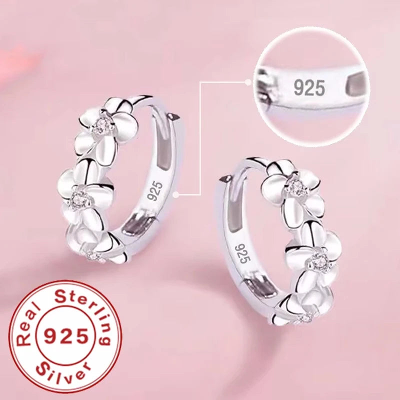 Sterling Silver Rose Flower Hoop Earrings with AAA Zircon for Women