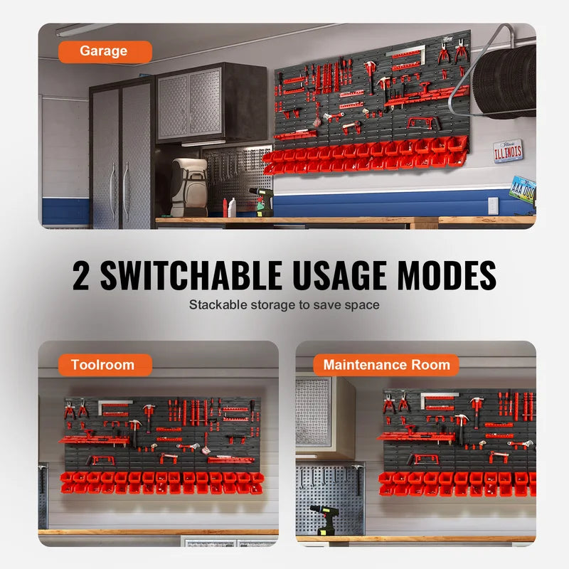 Wall Mounted Storage Bins Organizer for Garage and Workshop - Multi-Size, Durable Plastic Shelves with Hooks