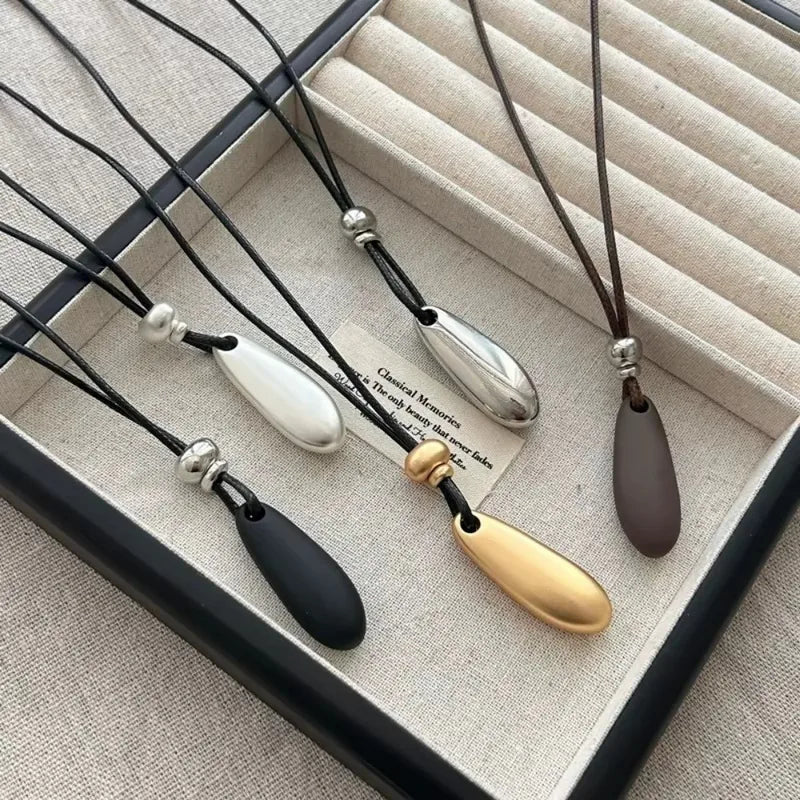 Geometric Metal Pendant Necklace for Women Long Rope Chain Black Water Drop Style