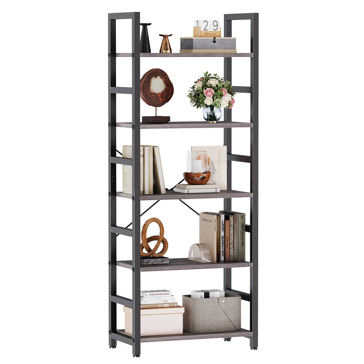 Wooden 5-Tier Standing Bookcase with Adjustable Feet - Sturdy Storage Shelf