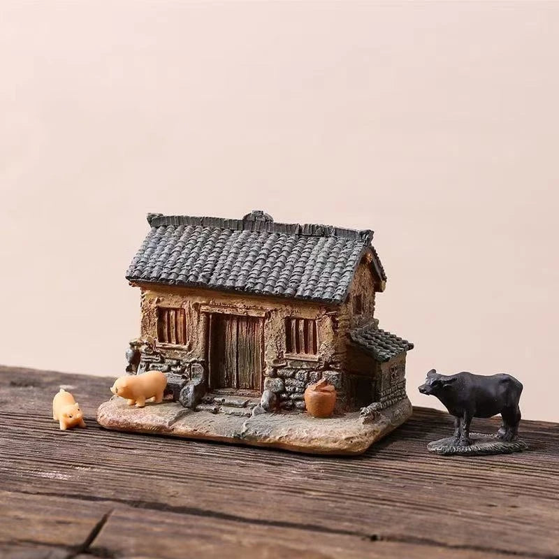 Miniature Rural House Model Desktop Decor - Countryside Potted Bonsai