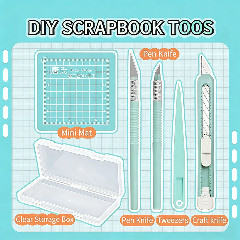 DIY Scrapbooking Tool Kit with Craft Knife Tweezers Cutting Pad