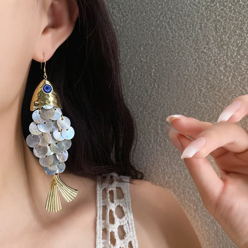 Round Shell Fish-Shaped Dangle Earrings for Women Trendy Jewelry Gift