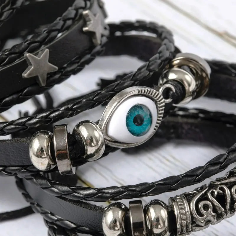 Evil Eye Wing Star Punk Style Leather & Bead Bracelet Set - 5pcs