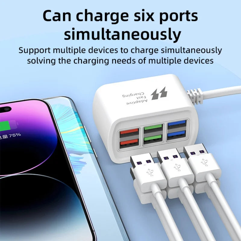 USB Charging Station 6-in-1 Power Strip with Fast Charging - 1m Cord, Multiple USB Ports