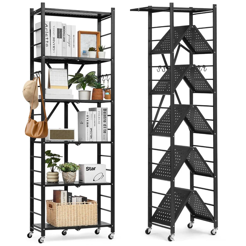 Foldable Mobile Storage Shelf with Wheels & Hooks, Space-Saving Organizer for Kitchen & Home