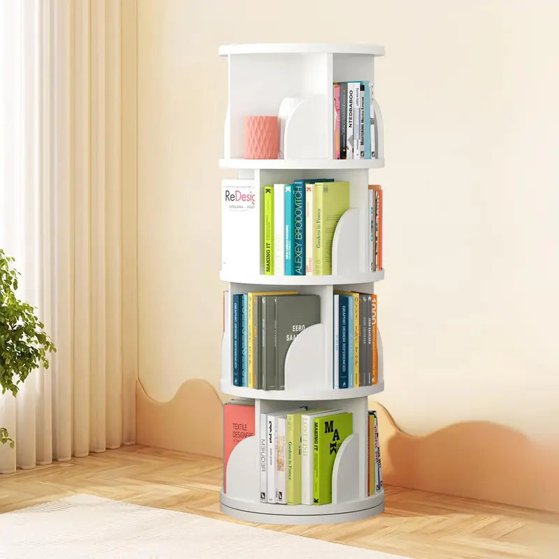 Rotating Bookshelf Tower with 360° Spin - 4 Tier Wooden Book Shelf for Kids & Living Room