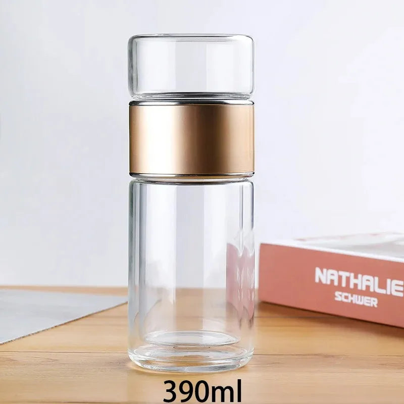 420ML Double Layer Borosilicate Glass Tea Water Bottle with Infuser - Leakproof Drinkware