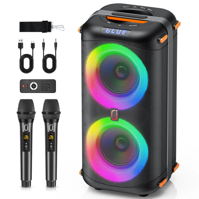 Wireless Bluetooth Karaoke Speaker with 2 Microphones, LED Lights, TWS Stereo, 24H Battery