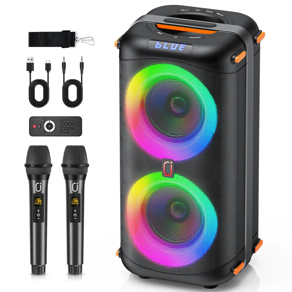 Wireless Bluetooth Karaoke Speaker with 2 Microphones, LED Lights, TWS Stereo, 24H Battery