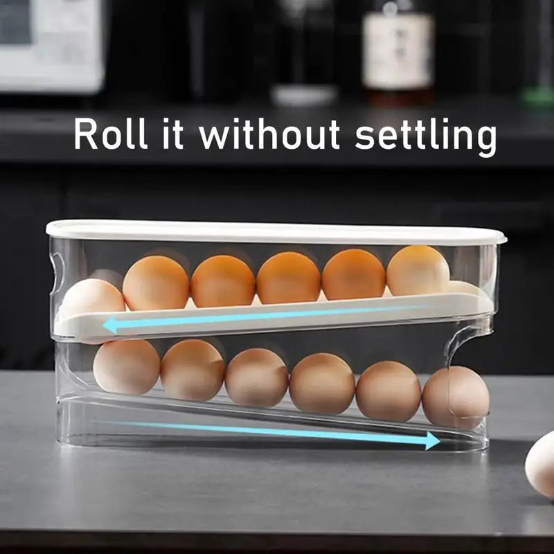 Bi-Layer Egg Storage Box with Automatic Rolling Rack - Refrigerator Egg Organizer