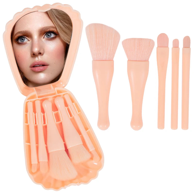 Mini Makeup Brush Set with Mirror - Portable Travel 5-Piece Cosmetic Brush Kit