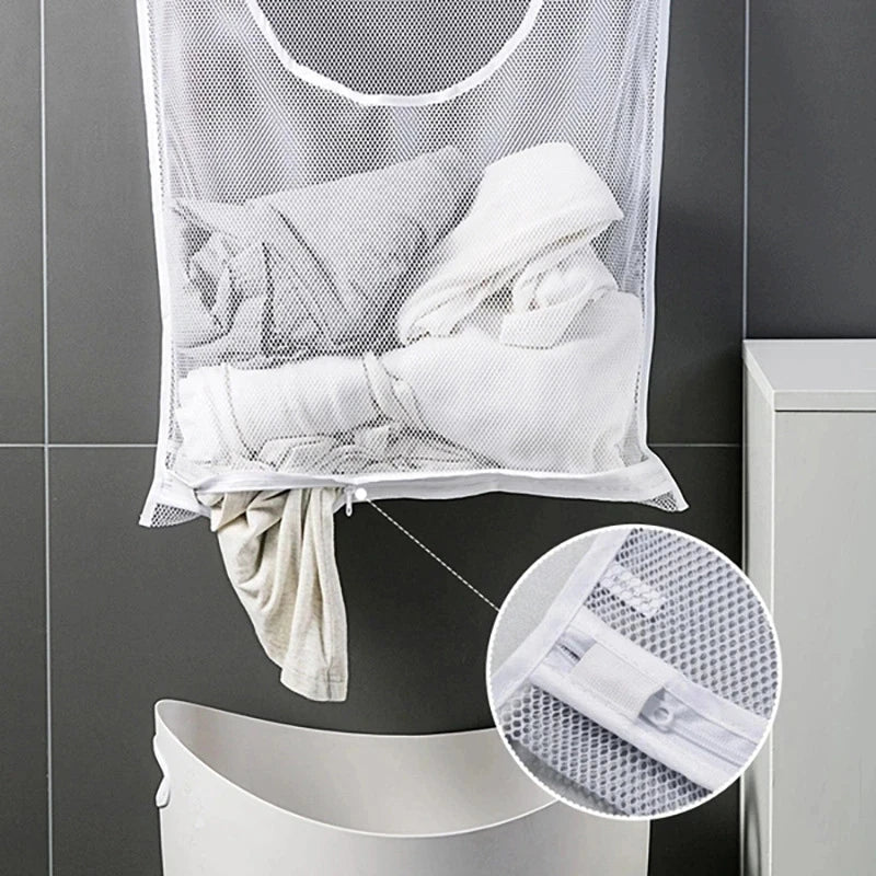 Foldable Mesh Laundry Basket with Wall Hook - Clothing Organizer & Storage Bag