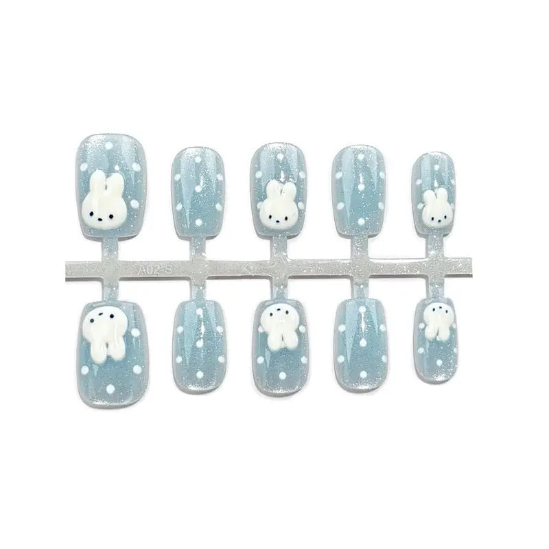 30Pcs Short Square False Nails with Light Blue Cat Eye and Glitter Decor - Wearable Nail Tips for Women