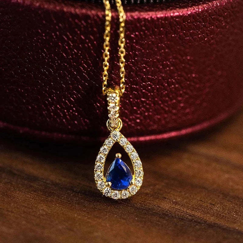 Gold Color Waterdrop Pendant Necklace with Blue Cubic Zirconia for Women