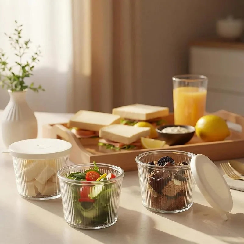 Set of 4 Small Glass Food Storage Bowls with Lids - Stackable Clear Stripe Design