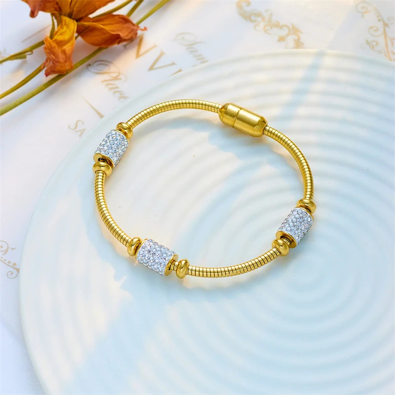 Gold Color Zirconia Beaded Bracelet for Women - Stainless Steel Snake Chain Jewelry