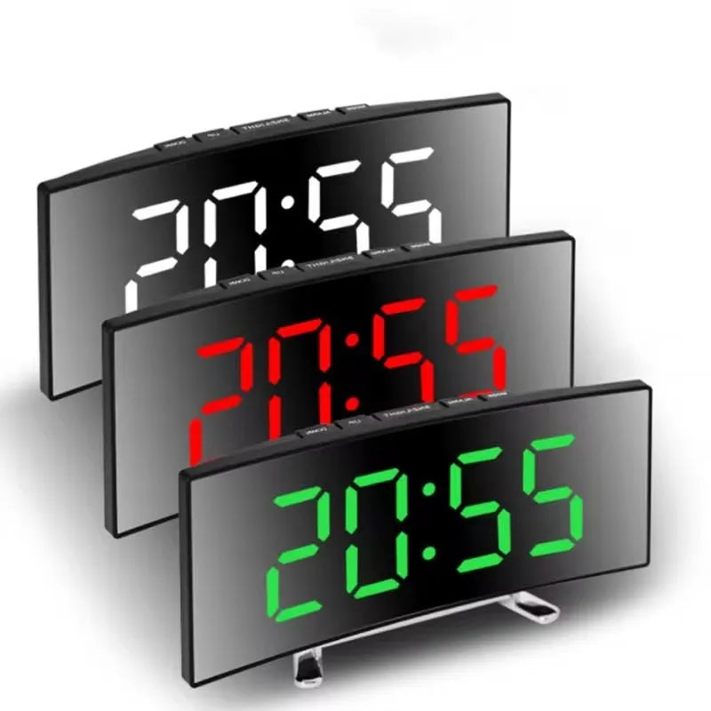 Large Mirror LED Alarm Clock with Silent Operation - Modern Curved Design, Desktop Clock for Living Room & Bedroom