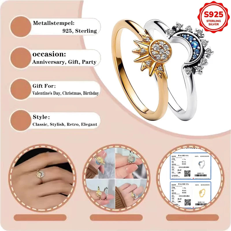 Sun and Moon Couple Ring Set Sterling Silver with Cubic Zirconia for Valentines Day