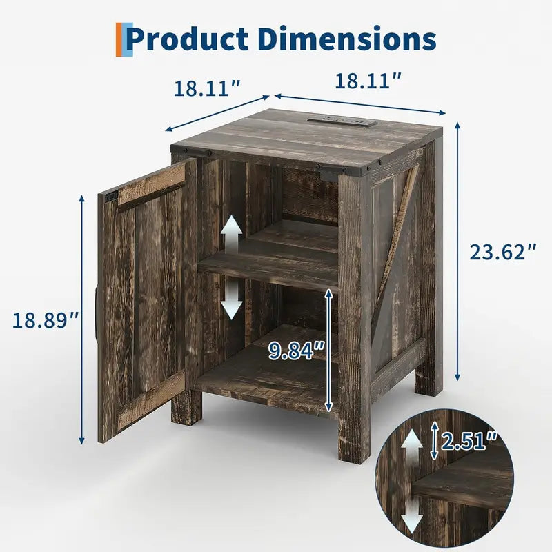 Farmhouse Bedside Table with USB Charging Station, Adjustable Two-Tier Shelf, Rustic Barn Door, Modern Bedroom End Table