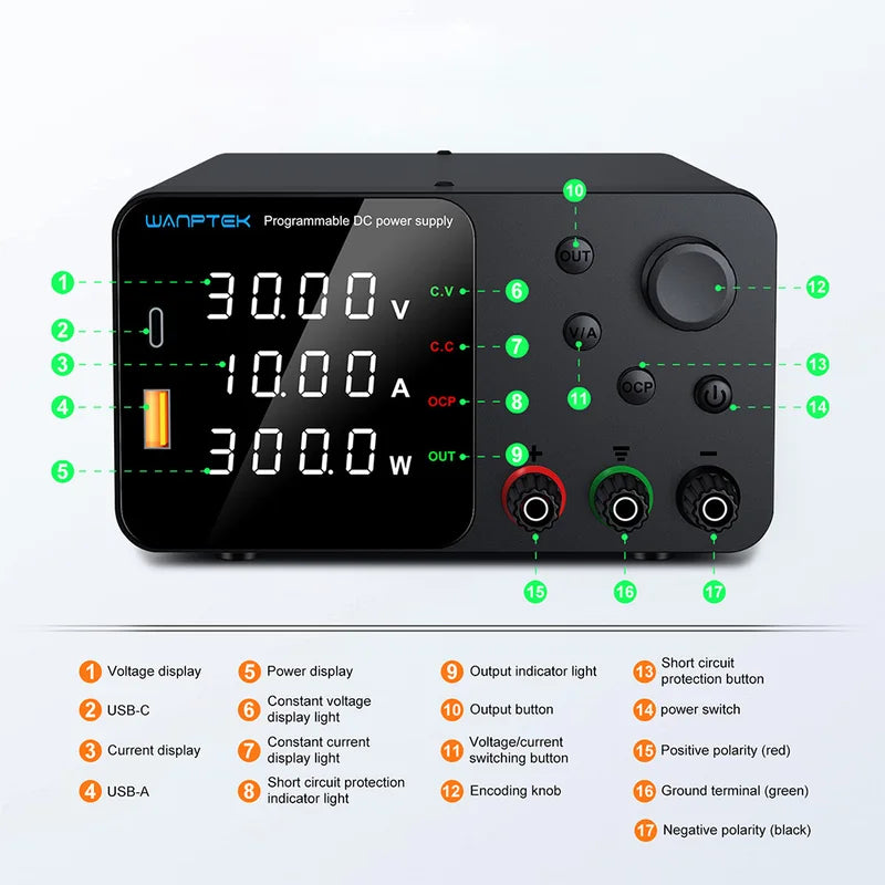 Laboratory DC Power Supply 30V 10A 60V 5A 120V 3A with USB Fast Charging, Adjustable Voltage & Current