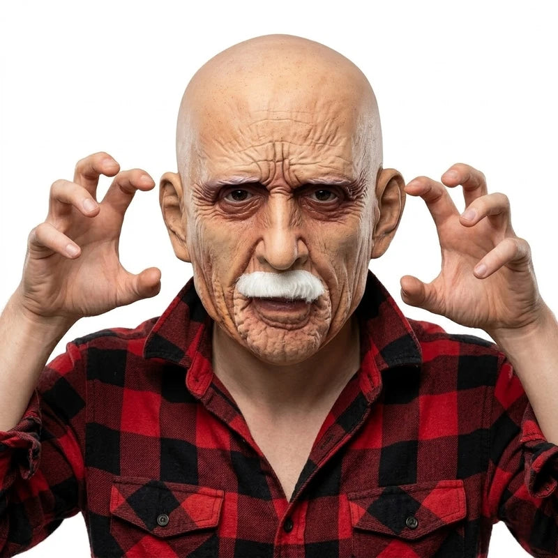 Realistic Elderly Man Latex Mask with Beard for Halloween Cosplay Costume
