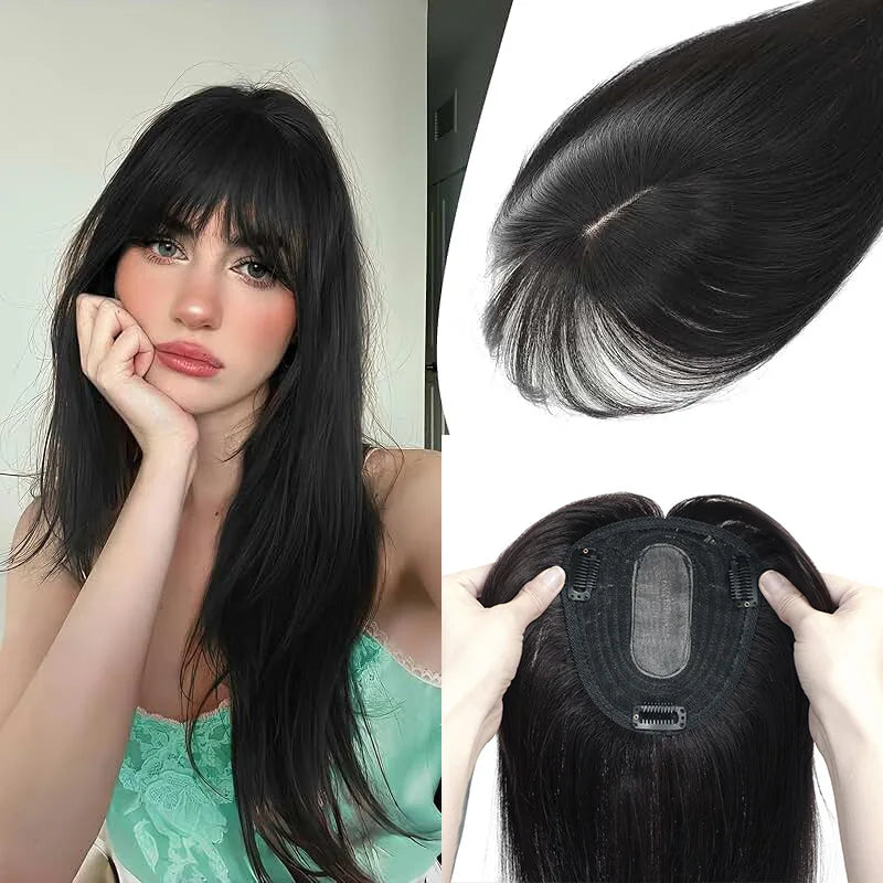 Remy Human Hair Toppers with Bangs for Women - Clip-In Hair Pieces, Black & Brown