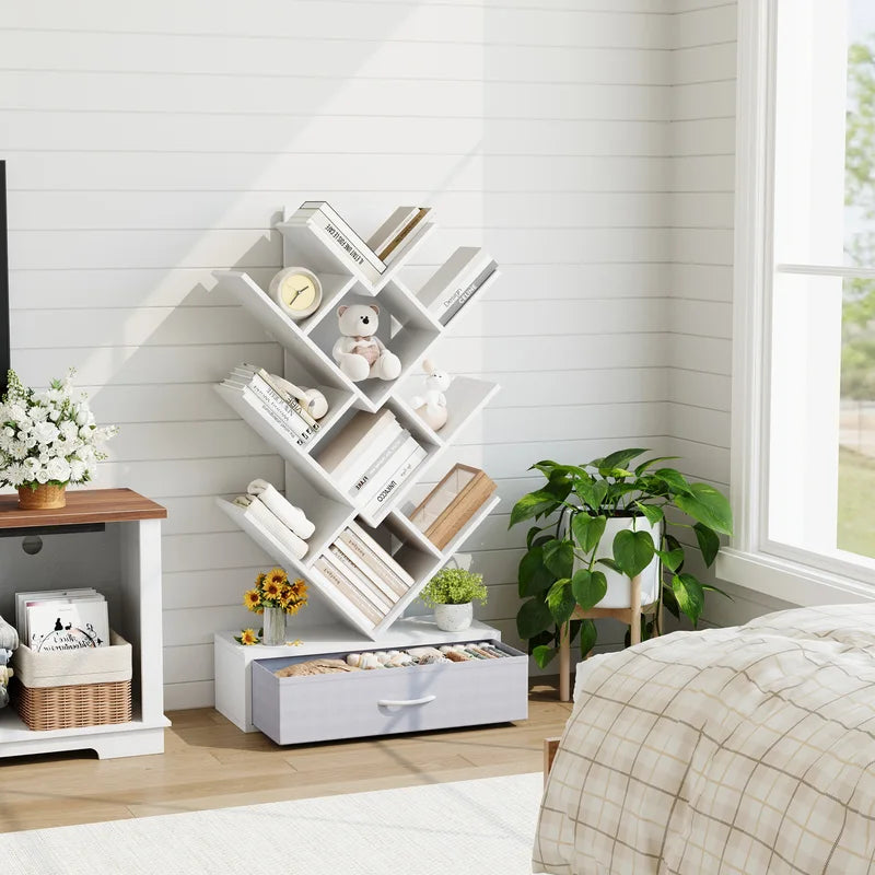 Tree Bookshelf with LED Lights 7-Tier Narrow Bookcase Storage Rack for Small Spaces