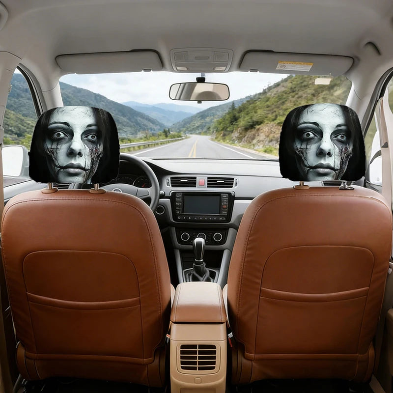 Halloween Ghost Face Car Headrest Covers Set of 2 - Washable Elastic Fabric, Universal Fit