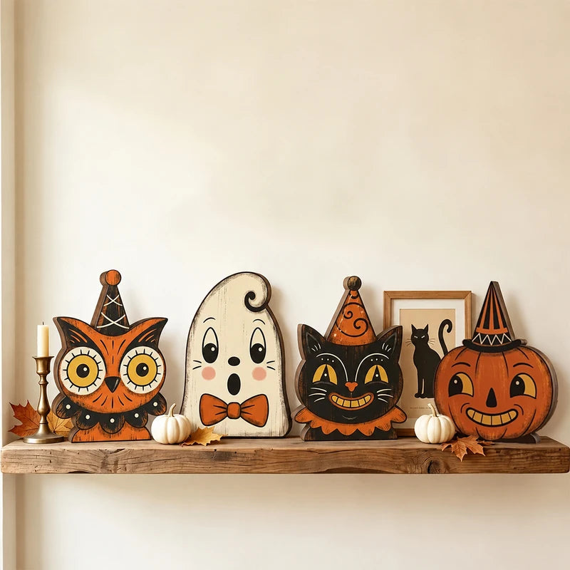 Halloween Wooden Tabletop Sign - Indoor Decor with Ghost Pumpkin Cat Skeleton Owl Housewarming Gift