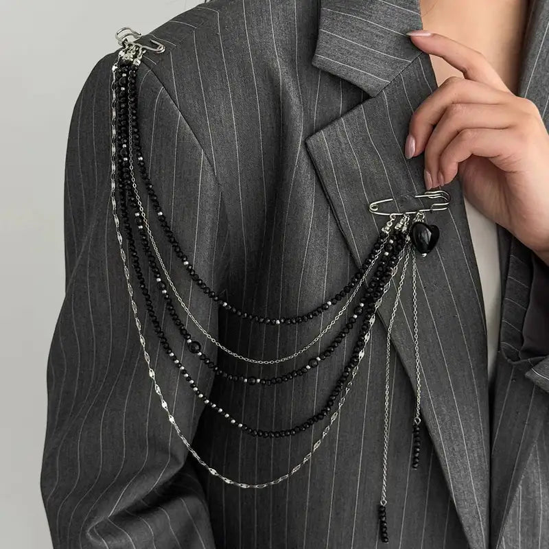 Black Crystal Bead Brooch for Women Multi-Layer Copper Chain Vintage Jewelry